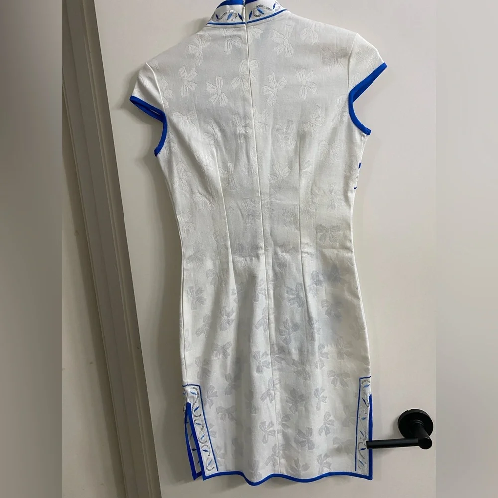 Blue & White Porcelain Style Qipao‎ / Cheongsam Dress Embroidered Sequins Size S - Picture 6 of 7